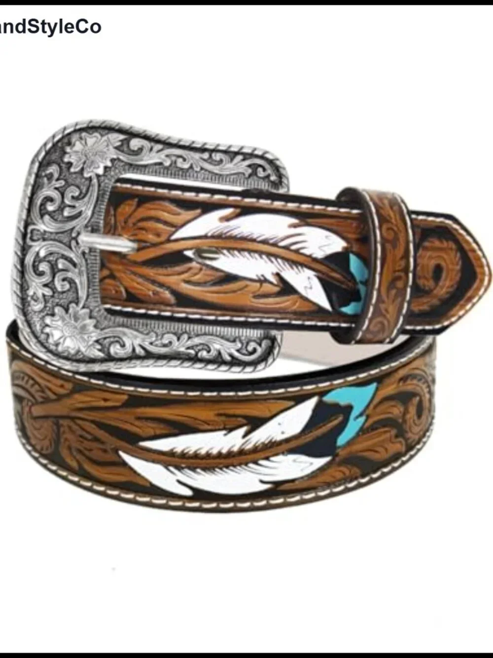 Western Belt with Feather Print Removable Buckle 1.5